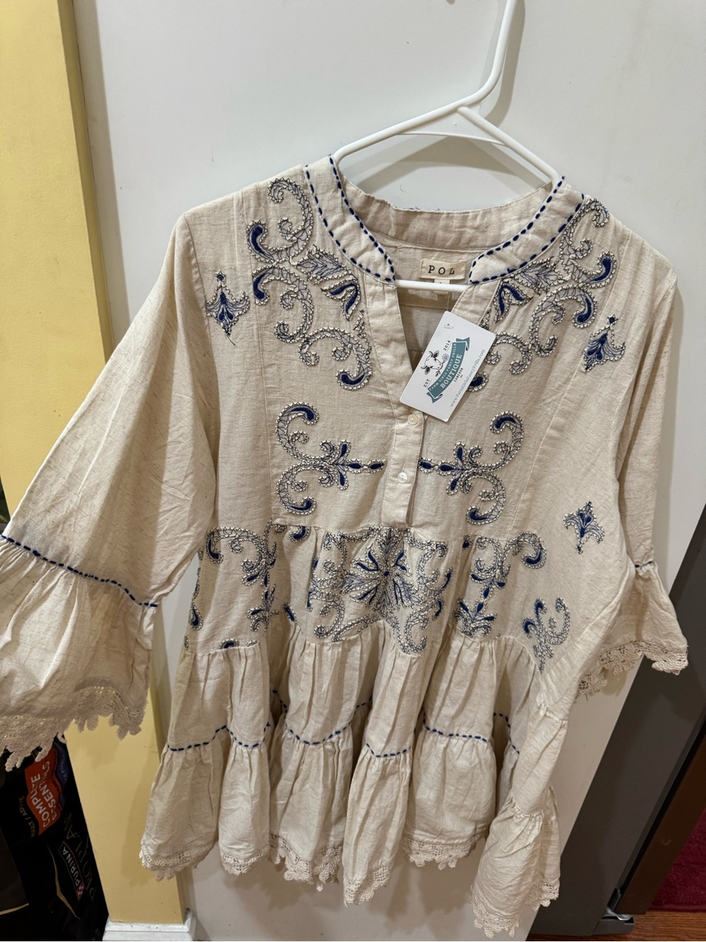 POL Cream Tunic Dress with Blue Embroidery